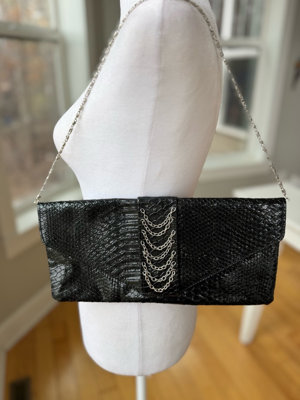 Bijoux Terner Black Snakeskin Silver Chain Detail Clutch Shoulder Bag Purse